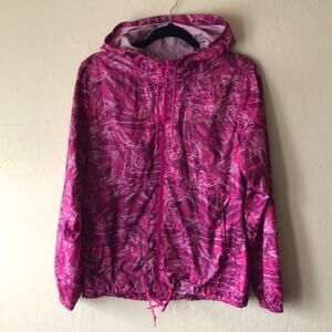Columbia Pink Geometric Pattern Windbreaker Full Zipper Jacket With a Hood